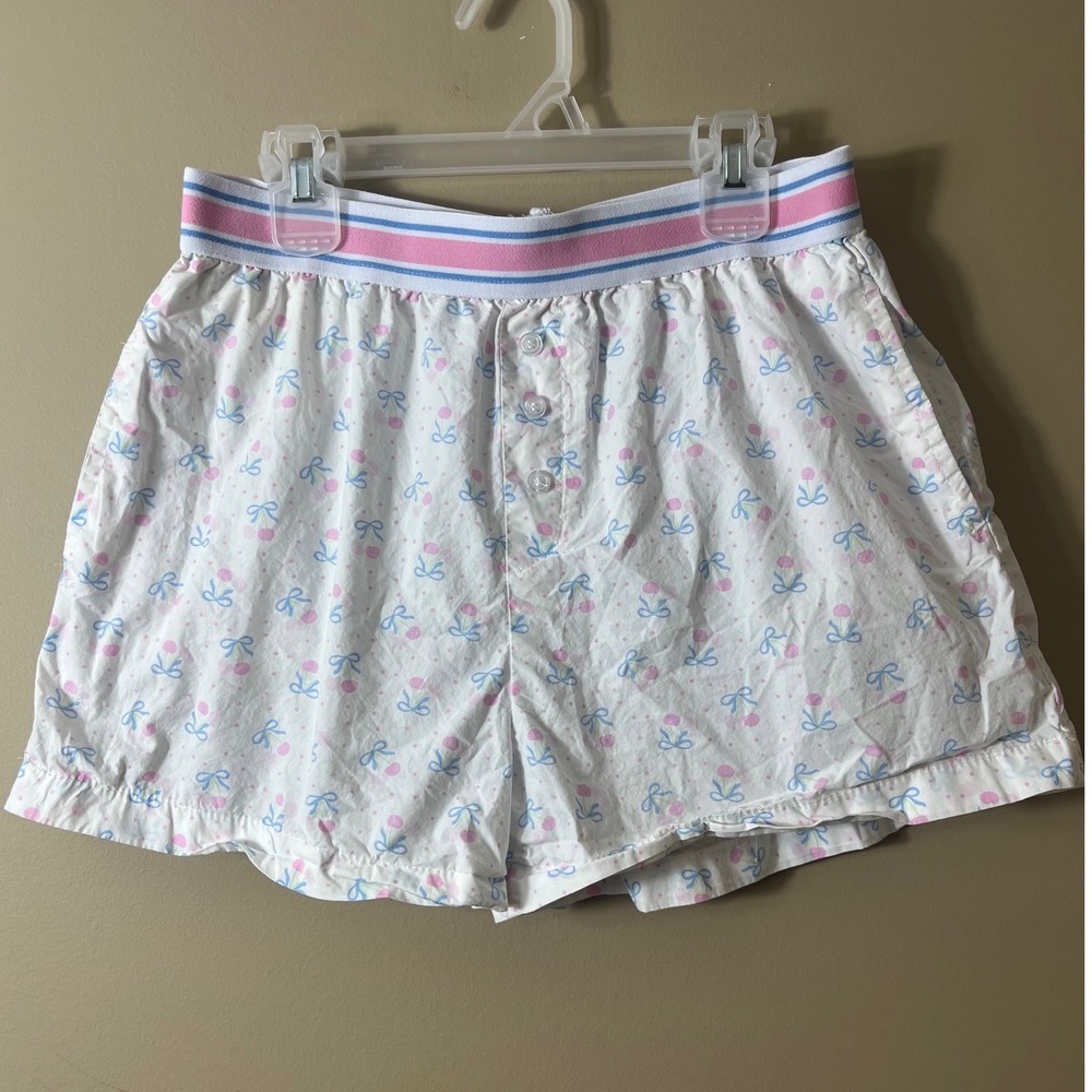 Better Together Dreamy Nights Cherry Bow Pajama Shorts White Pink Blue Small S